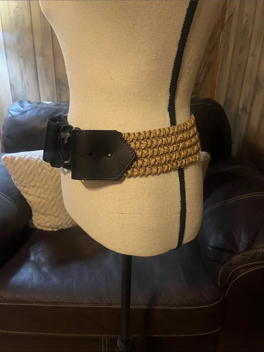 Woven Wide Rope and Black Leather Knot Waist Belt Boho Festival Braided Western